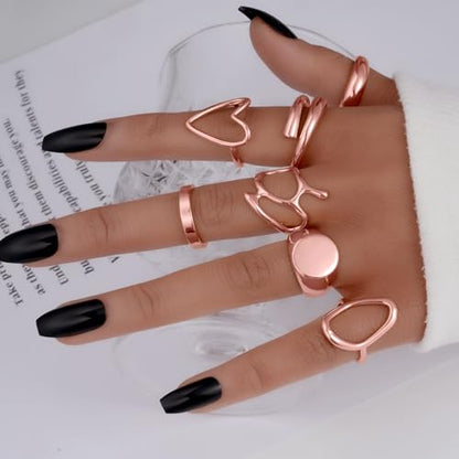 FAXHION 12PCS Gold Stackable Rings Set for Women, 18K Gold Plated Open Stacking Knuckle Ring, Adjustable Chunky Signet Band Statement Ring for Gift - color: 1-Rose-12pcs