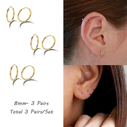 EPIRORA Silver Hoop Earrings- Cartilage Endless Small Hoop Earrings Set for Women Men, 3 Pairs of Hypoallergenic 925 Sterling Silver Tragus Earrings Nose Lip Rings - color: 3 Pairs(8mm*3)-Gold