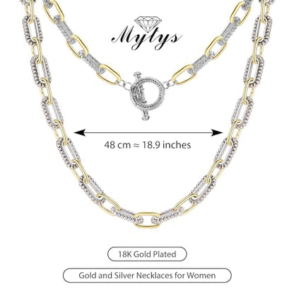 Mytys Women's Link Necklace 18k Gold Plated Double Twist Wire Gold and Silver 2 Tone Chain Necklaces Christmas New Year Jewelry - color: Long Gold & Silver 7