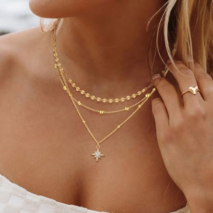 Ewrkbr Layered Necklaces for Women, Dainty Gold Necklace Stack 14k Gold Plated Layering Beaded Chain Choker Necklaces for Women Trendy Simple Disc Star Pendant Necklace Set Fashion Waterproof Jewelry - color: Gold-PP+Sun