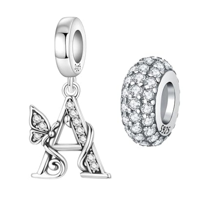 2 Pack 925 Sterling Silver Butterfly Letter Charms for Bracelets and Necklace Alphabet Initial Dangle Pendants Round Spacer Beads Pave Cubic Zirconia Jewelry Gift for Women - color: A Set