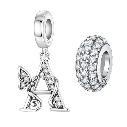 2 Pack 925 Sterling Silver Butterfly Letter Charms for Bracelets and Necklace Alphabet Initial Dangle Pendants Round Spacer Beads Pave Cubic Zirconia Jewelry Gift for Women - color: A Set