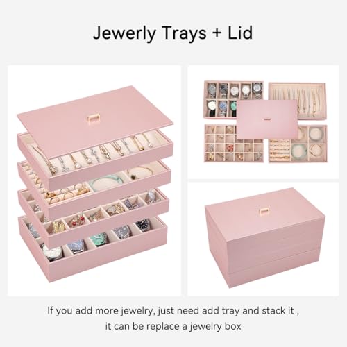 Voova Stackable Jewelry Organizer Tray with Lid (Set of 4, Rose Gold) | Stackable PU leather jewelry trays with drawer inserts for earrings, rings, necklaces, bracelets and watches; set of 4 - color: Rose Gold