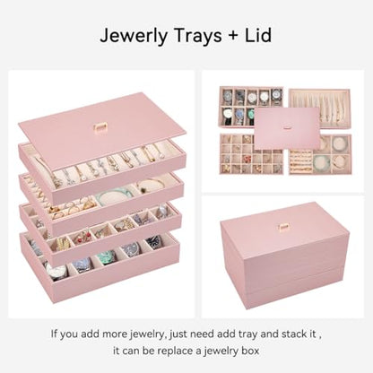 Voova Stackable Jewelry Organizer Tray with Lid (Set of 4, Rose Gold) | Stackable PU leather jewelry trays with drawer inserts for earrings, rings, necklaces, bracelets and watches; set of 4 - color: Rose Gold