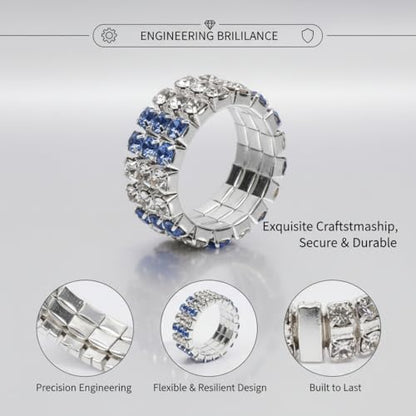 Sparkling Rhinestone Ring Set Trendy Elastic Rhinestone Crystal Stretch Ring Stackable Jewelry for Women Girls - color: 3 Rows Ring-Silver+White+Light Blue