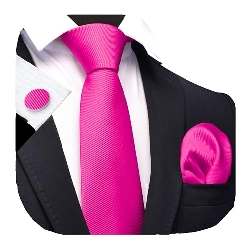 GUSLESON 3.15"（8cm） Solid Color Necktie and Pocket Square Cufflinks Sets For Men + Gift Box - color: Hot Pink