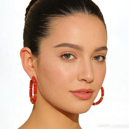 Wellike Beaded Hoop Earrings for Women Natural Stone Pink Gold Huggie Earrings Hypoallergenic Dainty Waterproof Trendy Jewelry - color: Red, size: 50mm