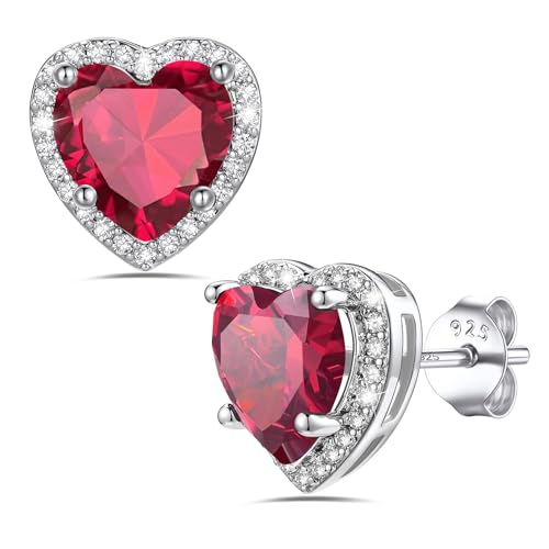 Bestyle Authentic 925 Sterling Silver 2 Carat Birthstone Earrings for Women, More Sparkle Heart/Round Solitaire Diamond Studs Earrings, Great Birthday/Christmas/Anniversary Jewelry for Wife Mother - color: 07. July Ruby-Heart