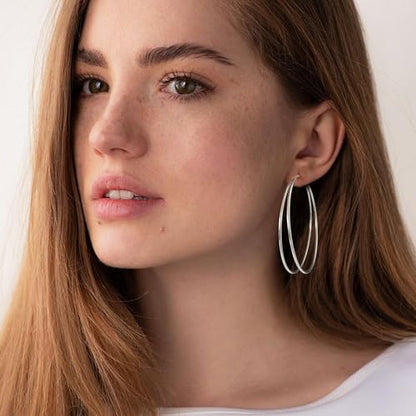 Large Thin Double Hoop Earrings for Women Lightweight Hypoallergenic 925 Sterling Silver Post 14K Gold Hoops Non Tarnish Sturdy Big Thin Double Layered Hoop Earrings 30/40/50/60mm - color: Silver, size: 60mm