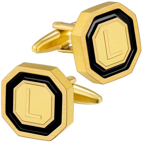 AMITER 18K Gold Plated Initial Cufflinks, Mens Cuff Links for Business Wedding Shirts Studs Suit Accessories - Gift for Groom Husband Father - style: L