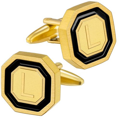 AMITER 18K Gold Plated Initial Cufflinks, Mens Cuff Links for Business Wedding Shirts Studs Suit Accessories - Gift for Groom Husband Father - style: L