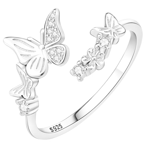 Rings for Women Butterfly Ring 925 Sterling Silver Rings Adjustable Promise Open Ring for Women Couple Wedding Engagement Jewelry Gifts - style: Butterfly
