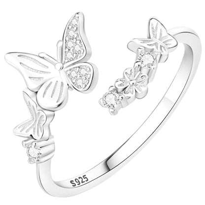 Rings for Women Butterfly Ring 925 Sterling Silver Rings Adjustable Promise Open Ring for Women Couple Wedding Engagement Jewelry Gifts - style: Butterfly
