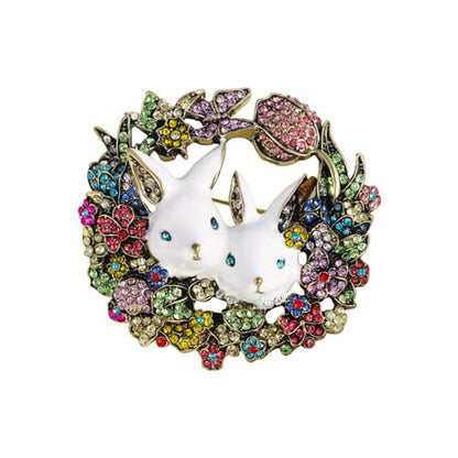 Vintage Rabbit Rhinestone Wreath Brooch Lapel Pins for Women Girls Fashion Crystal Bunny Animal Bff Brooches Pin Dainty Cute Easter Day Party Friendship Clothes Accessory Jewelry Christmas Birthday
