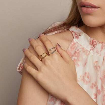 Silver Open Adjustable Stacking Rings for Women, Minimalist Wrap Band Set, Geometric/Heart/Wave/Leaf/Spiral Styles, Hypoallergenic, Gift Box Included, Thumb Ring Option - color: 14K V-shaped Heart