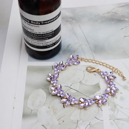 Bridal Wedding Crystal Leaf Choker Necklace Dangle Earring Bracelet Brides Bridesmaid Jewelry Set for Women - color: Violet-Gold Plated