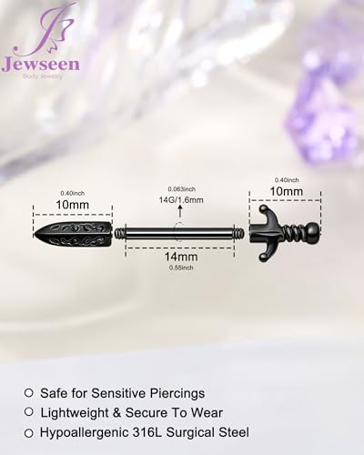 Jewseen 14G Nipple Rings Sword Nipple Piercing Jewelry Surgical Steel Nipple Barbell Straight Bar Body Piercing Jewelry for Women - color: Black