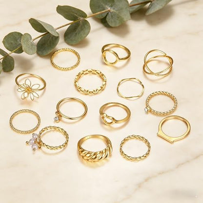 Chunky Gold Rings for Women Non Tarnish, Baroque Pearl Flower Tiger's Eye Stone Rings Adjustable Stacking Statement Rings Set Fashion Jewelry Gifts - style: Croissant/Handmade flower_gold