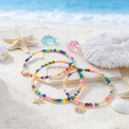 Starfish Shell Anklet Bracelets for Women, Boho Beaded Shell Anklet Set, Beach Vacation Foot Jewelry, Layered Summer Beachy Anklets - color: A5