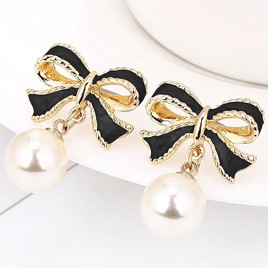 Gold Bow Earrings for Women, Long Tassel Chain Drop Earrings, Trendy Small Bow Earrings, Ribbon Waterfall Dangling Earrings, Pearl Bow Earrings, Sparkly Elegant Bowknot Preppy Jewelry Gifts for Women - color: Black Bow