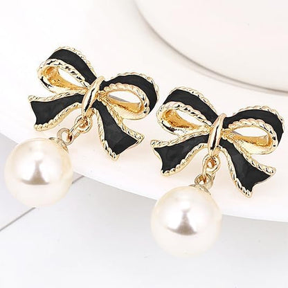 Gold Bow Earrings for Women, Long Tassel Chain Drop Earrings, Trendy Small Bow Earrings, Ribbon Waterfall Dangling Earrings, Pearl Bow Earrings, Sparkly Elegant Bowknot Preppy Jewelry Gifts for Women - color: Black Bow