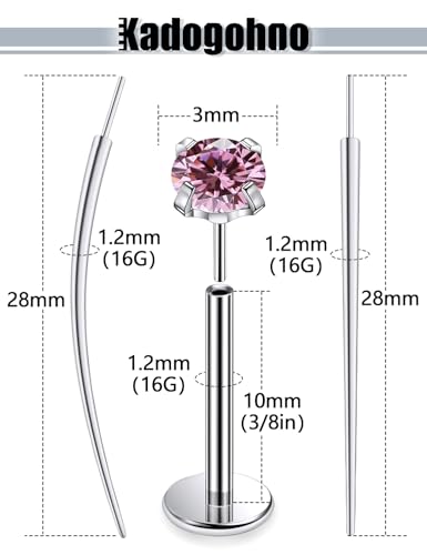 F136 Titanium 20/18/16g Internally Threaded Medusa Monroe Lip Ashley Labret Nose Rings Flat Back Tragus Helix Cartilage Conch Screw Stud Earrings Surgical Steel Piercing Jewelry for Women - color: Pink CZ, size: 16g*3/8in
