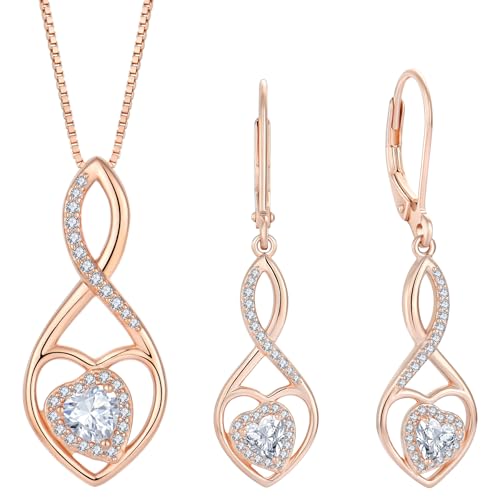 Infinity Heart Rose Gold Jewelry Set for Women 925 Sterling Silver Cubic Zirconia Necklace and Earrings Set April Birthstone Jewelry Gifts