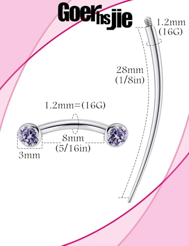 F136 Titanium 16g 6/8/10mm Eyebrow/Rook/Snug/Vertical-Labret/VCH/Snake-Eyes/Anti-Tragus/Christina/Daith/Belly-Button/Bridge/Hood/Surface Curved Barbell Piercing Jewelry for Women Men - color: Purple, size: 8 mm (5/16 in)
