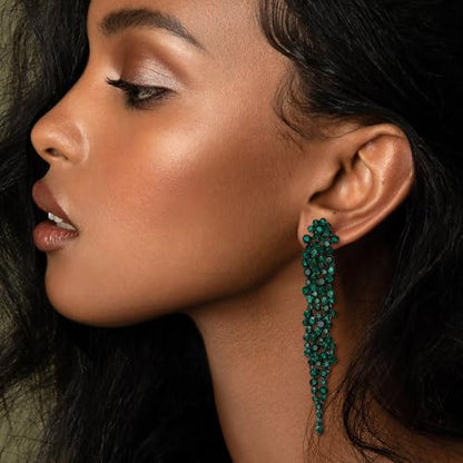 EVER FAITH Rhinestone Crystal Art Deco Statement Clip-on Earring, Wedding Prom Long Chandelier Dangle Earrings for Women - color: Green Black-Tone