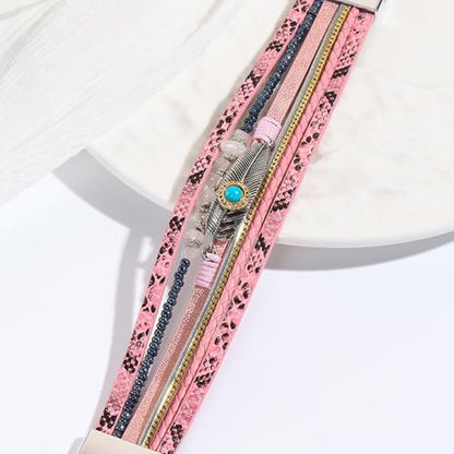 Long tiantian Boho Western Bracelets for Women Leather Wrap Bracelets Turquoise Bracelet Western Jewelry Country Concert Outfits - color: A2:pink