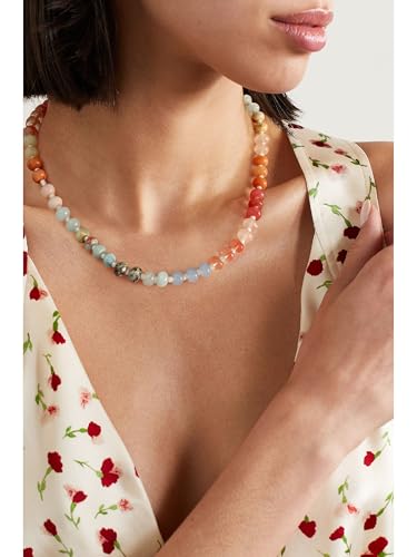 Joya Love Colorful Gemstone Beaded Necklaces For Women Trendy Rainbow Natural Stone Boho Handmade Stainless Steel Waterproof Strand Necklaces Jewelry For Women Gift - color: White pink