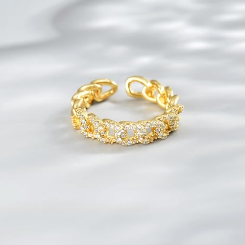 Adjustable Rings for Women 18K Gold Plated daisy Flower Butterfly Ball Cubic Zirconia Rings Dainty Open Stacking Ring - color: Link Chain-Gold