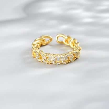 Adjustable Rings for Women 18K Gold Plated daisy Flower Butterfly Ball Cubic Zirconia Rings Dainty Open Stacking Ring - color: Link Chain-Gold