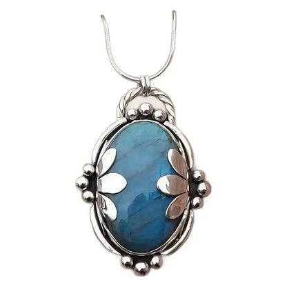 1 Pc, Silver Tone Snake Chain, Vintage Floral Labradorite Pendant Necklace, Boho Ethnic Style, Trendy Outfit Matching Jewelry (Silver)