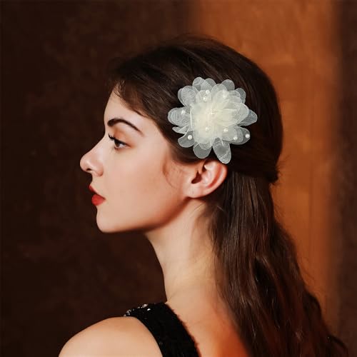 13cm/5in Beaded Mesh Flower Brooch Pin for Women Girls Dainty Round Shell Pearl Ball Beads Camellia Peony Flowers Brooches Lapel Hair Pins Elegant Wedding Anniversary Accessories Jewelry - color: Beige
