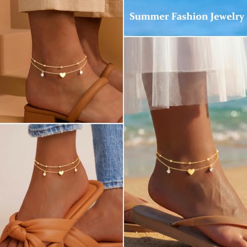 Gold/Sterling Silver Anklet Bracelets for Women Waterproof, Non Tarnish 925 Sterling Sliver Plated Heart Evileye Butterfly Charm, Dainty Summer Beach Anklets for Women, Beach Vacation Bikini Outfits for Her Mom - style: Heart-Gold