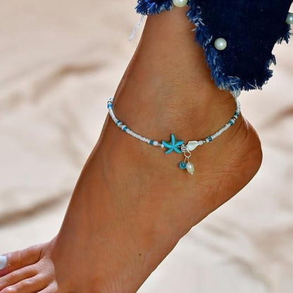 JEWEKY Boho Ankle Bracelets Blue Beach Beaded Anklets for Women