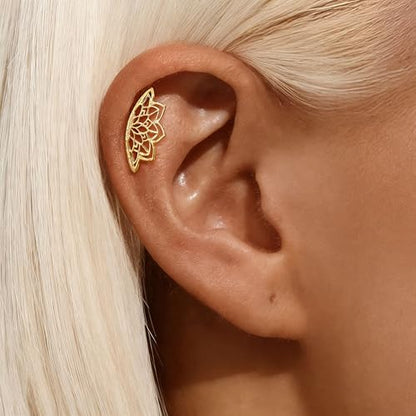 14K Gold Plated Hidden Helix Piercing Jewelry for Women Gothic Boho Mandala Lotus Cartilage Earring Flat Back Pure Titanium Geometric Helix Stud Unique Spiritual Punk Jewelry Gifts - color: Gold