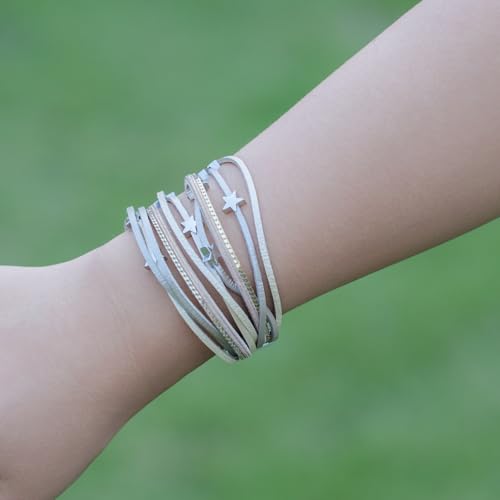Boho Cute Star Leather Wrap Bracelets Stackable Western Chunky Jewelry | Bohemian Statement Layered Stack Magnetic Clasp Cuff Bangle Fashion Festival Hippie Cowgirl Country Outfits for Women Trendy - color: Gold