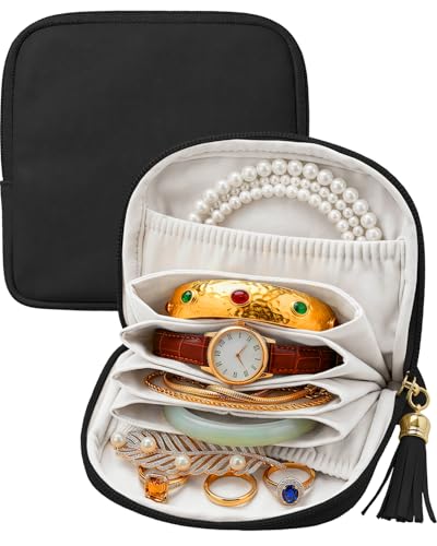 Small Travel Jewelry Case - Soft Vegan Leather Jewelry Organizer Storage Bag for Necklaces, Bracelets, Rings - Compact Jewelry Porch Travel Essentials for Women, Black - color: Black