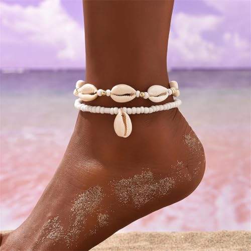 Shell Ankle Bracelet Set for Women,Boho Adjustable Beads Anklet Pack Natural White Shells Stack Stretch Seashell Pearl Starfish Bracelet Set Hawaiian Beach Vacation Foot Jewelry - style: N-Beads Shell