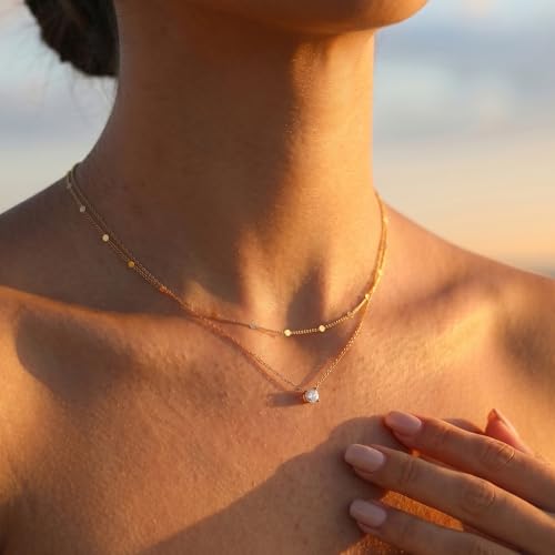 Layered Choker Necklace for Women Stackable Chain Dainty Zircon Pendant Set | 2PCS, Silver/14K Gold Plated, Box/Ball/Rope/Lip chain, Layering Diamond Cut CZ Pendant, Dainty Thin Chain, Trendy Prom Gift - color: Gold, style: Style 03