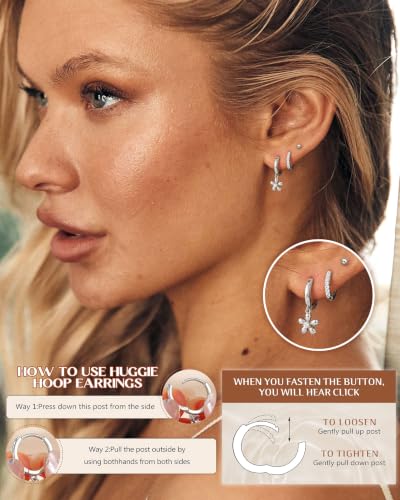 FIBO STEEL 14K Gold Plated Hoop Earrings with Charms for Women Huggie Hoops | Hypoallergenic 925 Sterling Silver Post Dangle Earrings Small Silver Gold Hoops Earring Cubic Zirconia Dangle Drop Jewelry - color: CZ Flower - Silver Plated