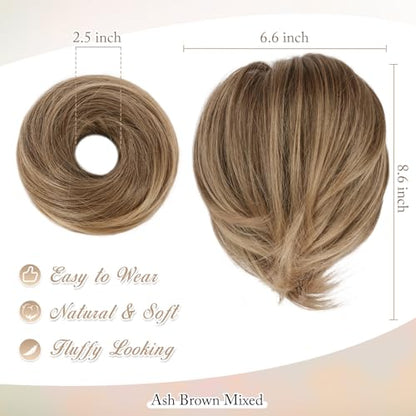 BARSDAR Brown Hair Bun Extensions - Synthetic Short Straight Ponytail Hair Bun Scrunchies - Elastic Messy Hairpieces Daily - Ash Brown Mixed - color: Ash Brown Mixed, size: 1 Count - Elastic