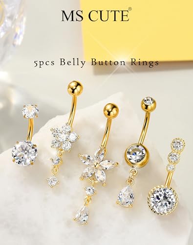 5PCS Belly Button Rings for Women Girls, 14G Surgical Steel Navel Rings Set, Gold & Silver CZ Dangle Body Piercing Jewelry - color: Gold-Flower