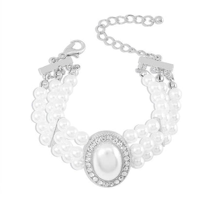 Multi-Layer Faux Pearl Bracelet for Women, Oval Gemstone Elegant Bangle with Rhinestone Accents - color: Silver, size: One Size