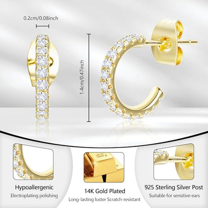 Small Open Cubic Zirconia Hoop Earrings for Women Jewelry Gifts | Open Diamond Hoop Earrings Hypoallergenic Silver Small Half Hoop Earrings for Women Daily Wear - color: A-14K Gold