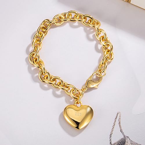 Dankadi Women 925 Sterling Silver Round Cable Wire Link Bracelet Charm Heart-Bell-Square-Circle Pendant Chain Bangle Fine Jewelry Gift For Wife Her - color: 6MM Gold Heart Pendant, size: 6.3 in