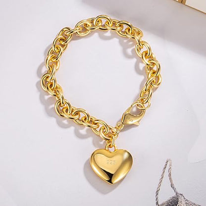Dankadi Women 925 Sterling Silver Round Cable Wire Link Bracelet Charm Heart-Bell-Square-Circle Pendant Chain Bangle Fine Jewelry Gift For Wife Her - color: 6MM Gold Heart Pendant, size: 5.9 in