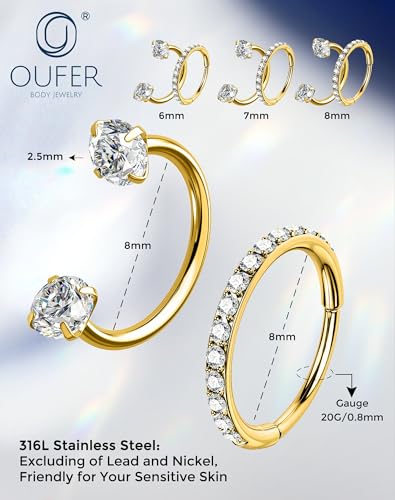OUFER 2PCS Nose Rings Hoops, 20g Double Gem Horseshoe Threadless Nose Rings for Women, Septum Clicker Daith Tragus Helix Rook Eyebrow Lip Piercing Jewelry - color: Gold